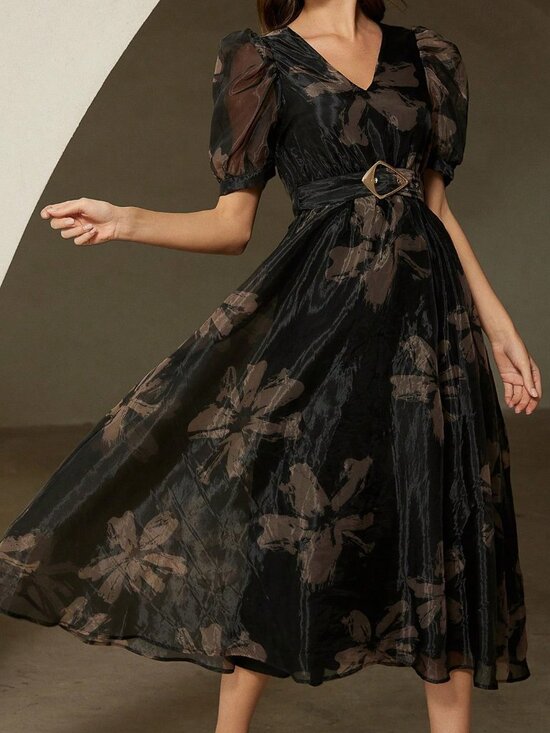 Multicolor Chic Women's Floral Print V-Neck Asymmetric Buckle Short Sleeve Dress - Picture 4 of 6